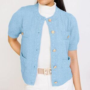 Button Down Cropped Cardigan Sweaters Crewneck Short Sleeve Knit Open Front